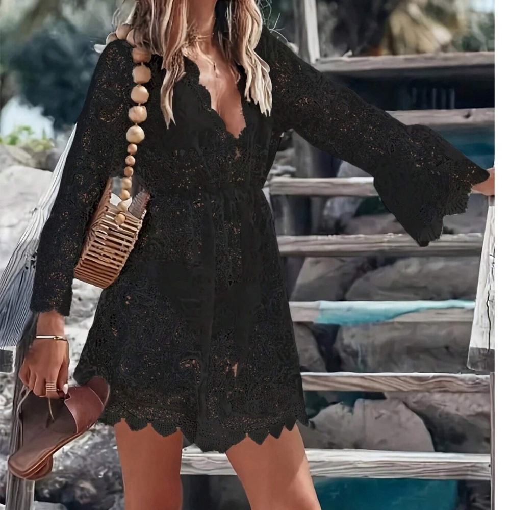 Boho Sheer Stretchy Waist Beach Swim Cover up - Picture 2 of 10